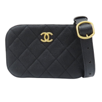 【二手名牌BRAND OFF】CHANEL 香奈兒 黑色 菱格紋 荔枝紋 腰包 金扣 (無卡)