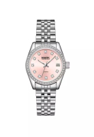 Mark Fairwhale 女士不鏽鋼石英錶，32 毫米，粉紅色錶盤搭配 12 顆水晶，金屬錶帶