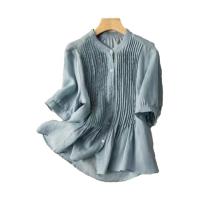 【初色】涼爽透氣棉麻風壓褶圓領襯衫上衣女上衣-共5色-62100(M-2XL可選)