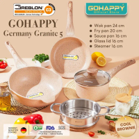 Gohappy Panci Set GOHAPPY 5 Pcs Anti Lengket Granite GREBLON Premium Stainless Bottom Induksi Wok 24