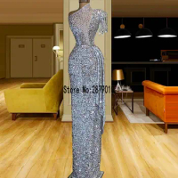 One Shoulder Silver Sequin Evening Dresses Beads Floor Length Straight Evening Gowns Long Formal Dress