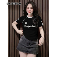 Atasan berpotongan untuk wanita Baju-T ketat leher bulat lengan pendek Musim panas seksi atasan berp