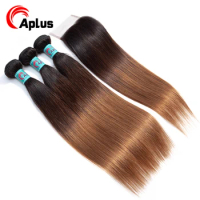 Aplus T1B/4/30 3 Tone Ombre Hair With Closure 100% Human Hair Pre-colored Straight Malaysian Hair Bundles With Closure For Women