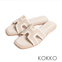 KOKKO異材質H型撞色平底拖鞋米色