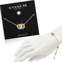 COACH 簡約LOGO字樣互扣珍珠水鑽雙圓造型手鍊-淺金色