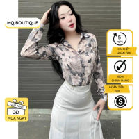 Áo sơ mi lụa hoa nữ lụa dài tay cao cấp công sở họa tiết hoa lá nâu lụa Nhật, áo sơ mi họa tiết thiế