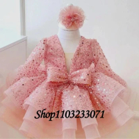 Pink Flower Baby Girl Dress Sparkling Fluffy Tutu Puffy Short Girl Wedding Bridesmaid Birthday Party First Communion Ball Gown