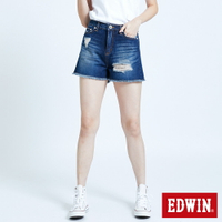EDWIN MISS 拼貼刷破牛仔短褲-女款 中古藍 SHORTS #暖身慶