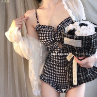 新款 千鳥格連體泳衣 顯瘦 宋智雅同款 露背性感 泳裝 泳衣女 兩件式泳衣 溫泉泳衣