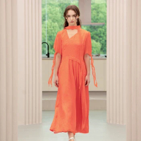 25 Momme Orange Red Jacquard Silk Oblique V-Neck Asymmetrical Spliced 3D Loose Leaf Short Sleeve Dress Summer AY273