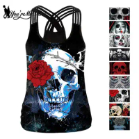[You're My Secret] Halloween Rose Skull Print Black Sleeveless Tanks Tops Casual Summer Femme Vest for Women Clothes Ropa Mujer