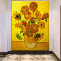 歐式手繪梵高向日葵油畫玄關背景墻紙壁畫定制走廊壁紙無縫墻布