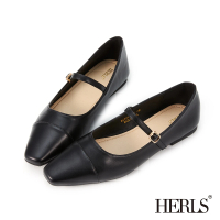 【HERLS】平底鞋-優雅拼接小方頭瑪莉珍平底鞋(黑色)