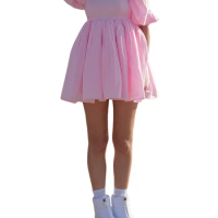 Women Puffy Sleeve Princess Tulle Dress Square Neck Mesh Fluffy Fairy Mini Dress Bubble Sleeve Party Prom Dress