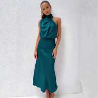 Fashion New Spring Summer Women O-Neck Satin Long Dress Office Lady Evening Gown Casual Clothing Party Skirt Girl Gift Dr210