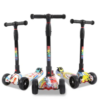 Kids Graffiti Foldable Scooter 4 Light Up Wheels Kick Scooter for Toddlers 3-9 Year Adjustable Lightweight Scooter
