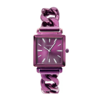 【GUESS】紫色系 時尚方型 牛仔鍊式不鏽鋼錶帶 手錶 女錶 情人節(W1029L4)