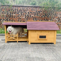 Outdoor Luxury Dog Kennels Solid Wood Courtyard Large Rainproof Sunscreen Dog House Outdoor Villa Dog Cage with Balcony Door U