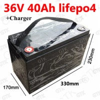 GTK waterproof 36V 40AH Lifepo4 battery with BMS 12S for 1000W 1500W scooter bike Tricycle Solar Backup power supply +5A charger