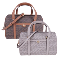 【Michael Kors】TRAVEL PVC拼接皮革 金字LOGO 手提包 / 斜背包 / 保齡球包 / 波士頓包(字母咖/字母白)