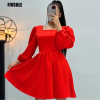 Fivsole Satin Short Evening Dresses Vestidos De Fiesta Square Neck Puff Sleeves Party Dresses Formal Gowns A-line Evening Gowns