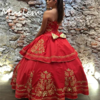 Romantic Red Mexican Quinceanera Dress 2024 Golden Embroidery Ball Gown Sweet 15 Dress Bow Vestidos de 15 Anos Birthday Party