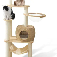 59" Big Modern Cat Tree Tower, Cat Tower Sisal-Covered Scratching Posts for Indoor Cats, Oak Wood Cat Tree for Large Cats