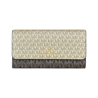 【Michael Kors】MK MICHAEL KORS JET SET CHARM圓標LOGO撞色滿版印花PVC 16卡釦式三折長夾(深咖啡x淡金)