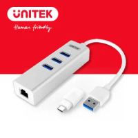 【UNITEK】Type-C+A 3埠USB3.0 HUB有線網卡(Y-3083B)