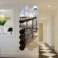 12Pcs 3D Regular Hexagon Honeycomb Decorative Acrylic Mirror Wall Stickers Living Room Bedroom Poster Home Decor Room Decoration