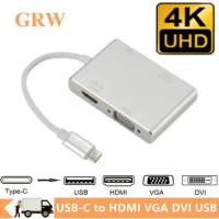 4K Type C to HDMI VGA USB DVI Converter 4 in 1 USB C Multiport Adapter USB-C to HDMI VGA Hub for Macbook Samsung Huawei Xiaomi
