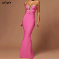 Bafftafe Fuchsia Fishtail Formal Evening Gowns Crystal Sweetheart Women Special Party Prom Gowns Wedding Bridesmaid Dresses