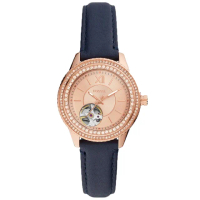 【FOSSIL】開芯小鏤空機械女錶34mm-海藍色皮帶(ME3212)