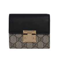 【GUCCI 古馳】Padlock 鎖釦設計塗層帆布及皮革三折短夾(米色/黑色)