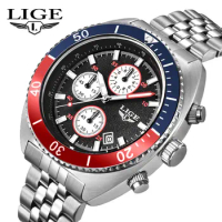LIGE Man Watch Luxury Fashion Business Stainless Steel Band Quartz Watch Men Waterproof Luminous Rotating Bezel Auto Date Clocks