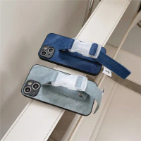 Fashion pure color phone Case For Apple iPhone 15 pro max 15 14 11 12 13 Pro Max cases denim Leather Anti-fall Wrist band Cover