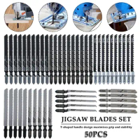 50Pcs Jig Saw Blade Set HCS Assorted Blade T-shank Fast Cut Down Jigsaw Blade Jig Saw Cutter for Thin Metal Wood Plastic Cutting