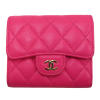 【二手名牌BRAND OFF】CHANEL 香奈兒 芭比粉 牛皮 菱格紋 三折 短夾 香檳金扣 (無)