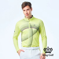 【KING GOLF】門市新品-男款薄款立領拉鍊線條圖形長袖POLO衫/高爾夫球衫(檸檬黃)