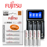 日本 Fujitsu 低自放電4號750mAh充電電池組(4號4入+四槽USB充電器+送電池盒)