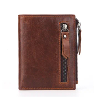 New high-end Genuine leather wallet mens short wallet multi-function zipper bag oil wax leather wallet man