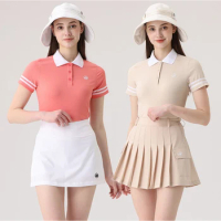 Azureway Women Short Sleeve T-shirt Breathable Elegant Tops Ladies High Waist Skirts Leisure Pleated Golf Skort with Inner Short