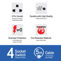 รางปลั๊กไฟ 4 ช่อง 4 สวิตช์ รุ่น EI-104 5M. สายไฟยาว 5 เมตร สีขาว - เทา