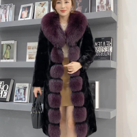 100% Mink fur coat for women with Mink long Fox Fur collar Mink Fur fur coat for middle-aged and elderly