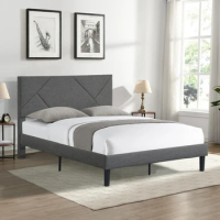 Queen Size Upholstered Platform Bed Frame with Headboard, Strong Wood Slat Support, Mattress Foundation, Easy Assembly, Gray