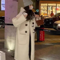 Korean Version Lamb Fur Coat for Women's Winter Thick Medium Length Loose Cowhide Buckle Faux Fur Integrated Hooded Warm Coat