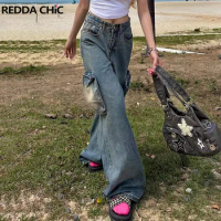 REDDACHiC Boyfriend Big Pocket Women Cargo Pants Vintage Wash Plain Casual Low Rise Distressed Baggy Jeans Hiphop Y2k Streetwear