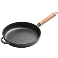 1pc Cast Iron Frying Pan With Wooden Lid, Uncoated Non-Stick Iron Pan, For Gas Stove Electric Ceramic Stove Induction Cooker