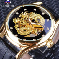 Jam Tangan Pria Naga Otomatis Mekanik Tali Kulit hitam emas