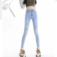 Seluar Jeans Kurus, Pinggang Tinggi, Ultra Pelangsingan Badan, Angkat Pinggul Koyak, Biru Muda, Selu